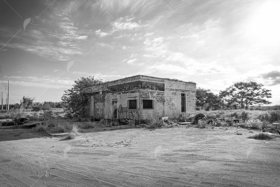 Picture of Abandoned Gas Station Outside Black & White